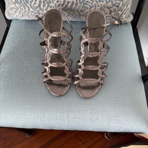 Metallic Snake-Embossed Strappy High Heel Sandals - Silver